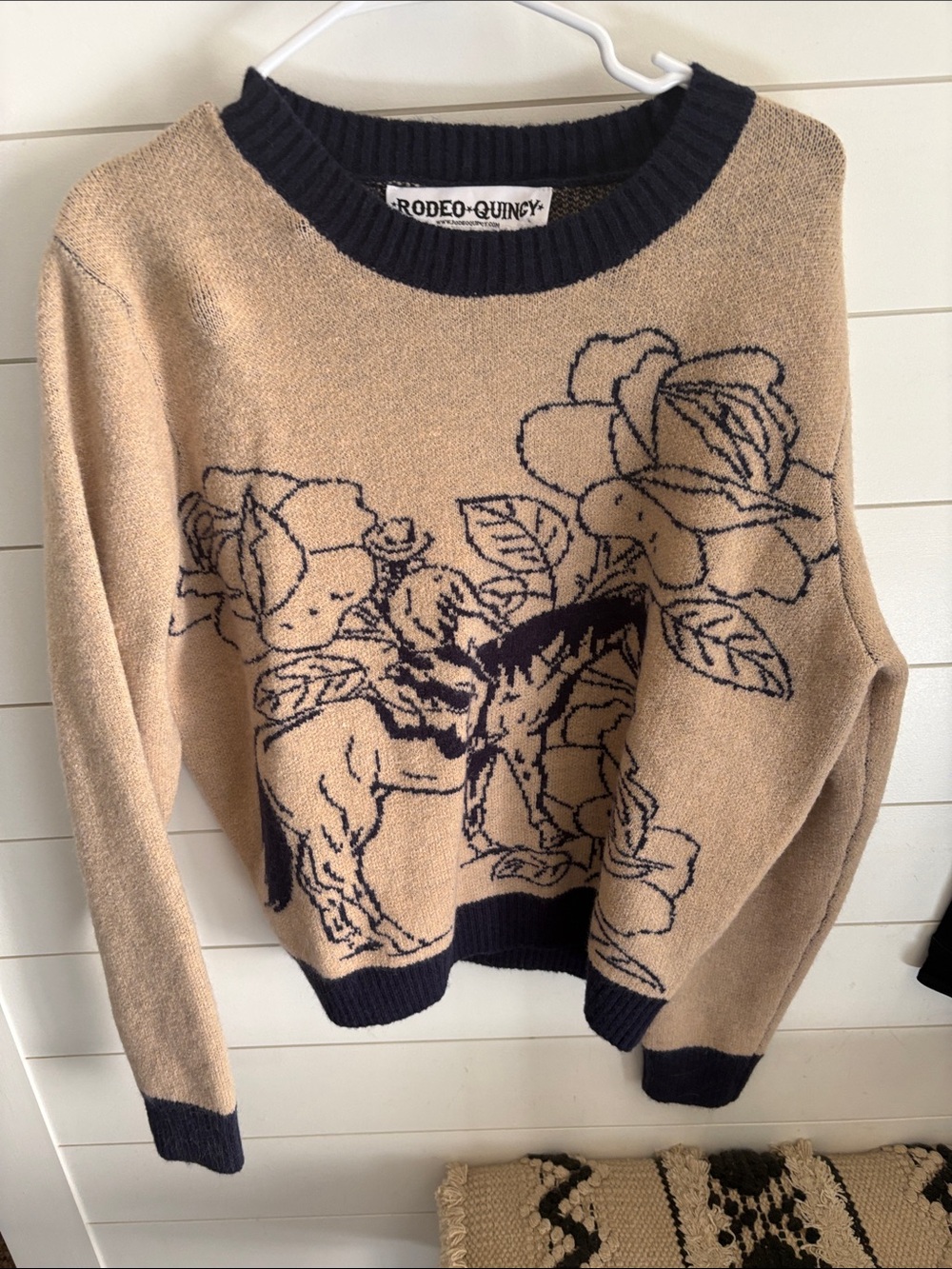 Rodeo Quincy Beige Crewneck Sweater with Navy Floral Intarsia